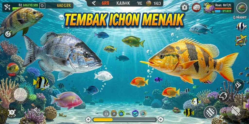 Tangkapan layar gameplay 6RT menunjukkan aksi menangkap ikan yang seru.