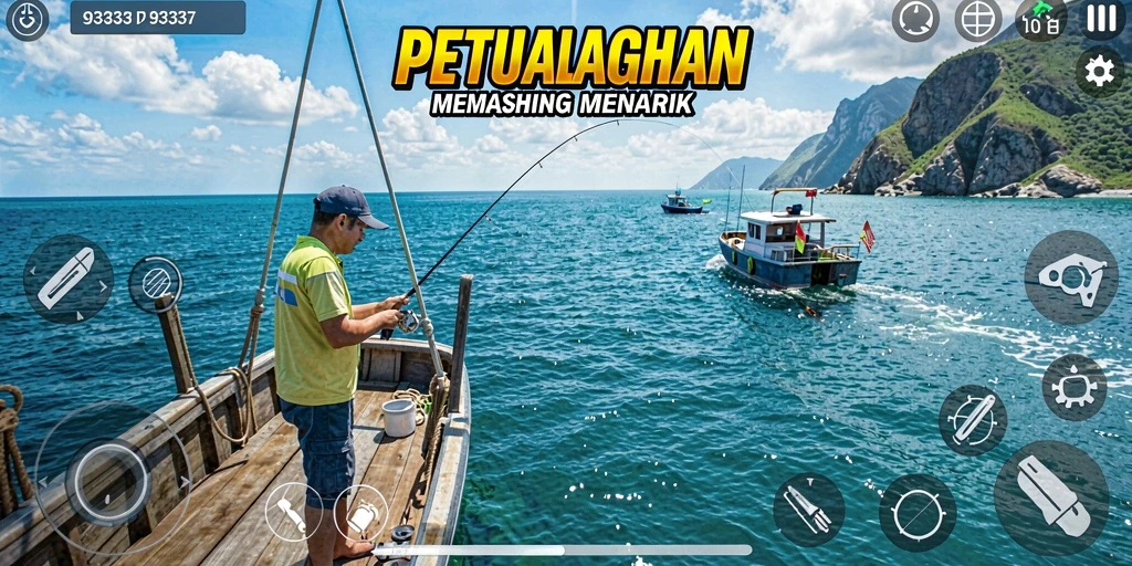 Tangkapan layar utama 93337 menampilkan pemain yang sedang memancing di laut yang indah.