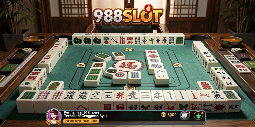 Screenshot gameplay Mahjong di 988SLOT yang menampilkan pengaturan yang indah.
