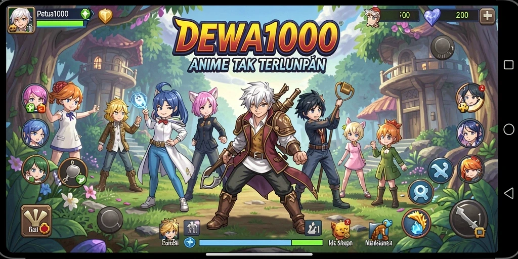 Screenshot gameplay DEWA1000 dengan karakter Anime yang dinamis dan latar yang cerah.