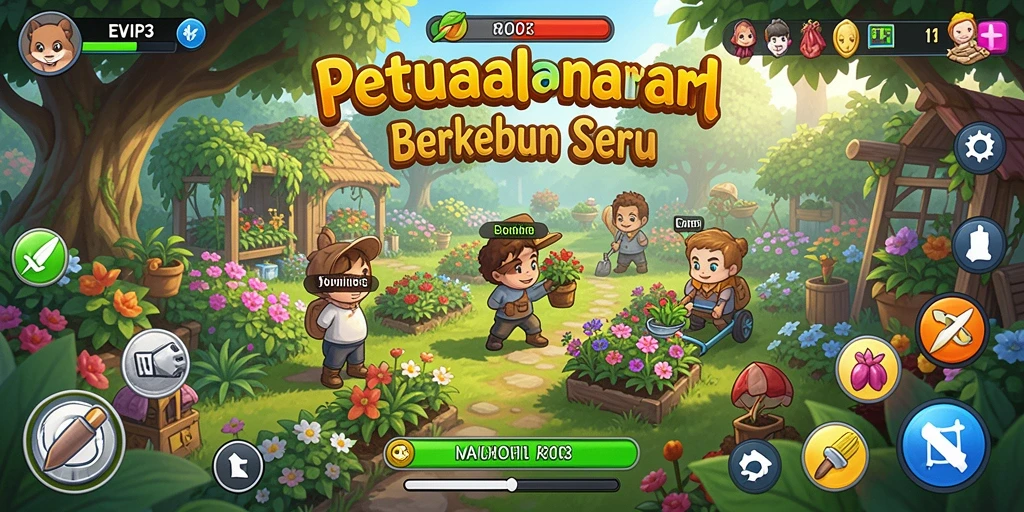 Tampilan gameplay seru di EVIP3 dengan berbagai tanaman dan hewan ternak.