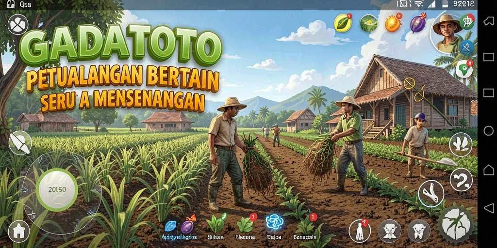Screenshot menampilkan gameplay seru GADAITOTO dengan ladang hijau dan hewan ternak.