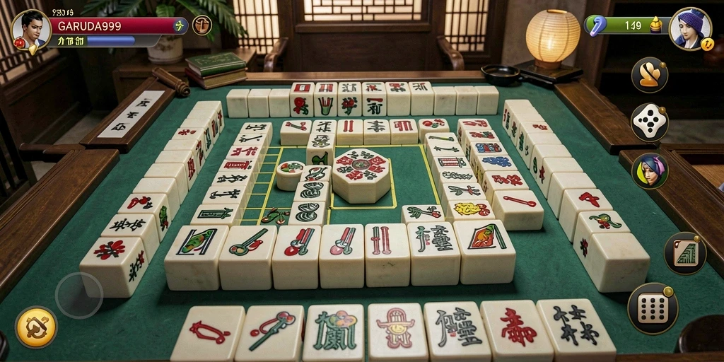 Tampilan utama gameplay Mahjong GARUDA999 yang menarik dan interaktif.