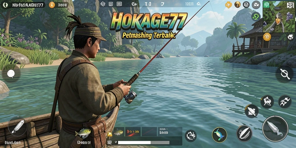 Screenshot gameplay HOKAGE77 menunjukkan pemain sedang memancing di lokasi indah.