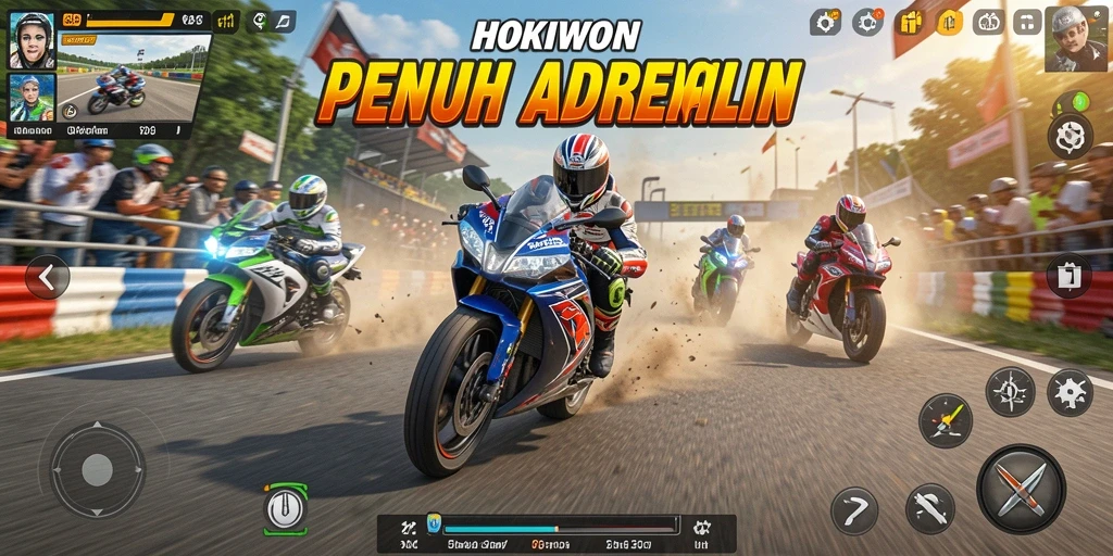 Tampilan gameplay HOKIWON yang penuh aksi balap motor.