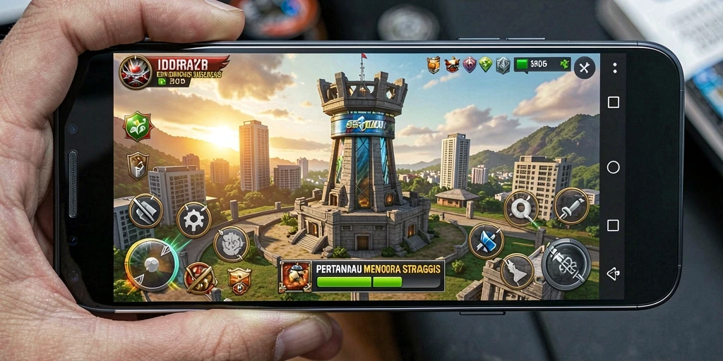 Screenshot gameplay IDRRP menampilkan aksi menakjubkan di Tower Defense.